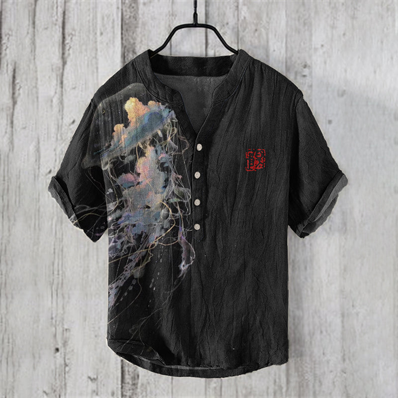 Japanese Jellyfish Art Print Linen V-Neck Shirt