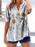 Women's Bohemian Floral Art Print Casual Cotton And Linen Shirt