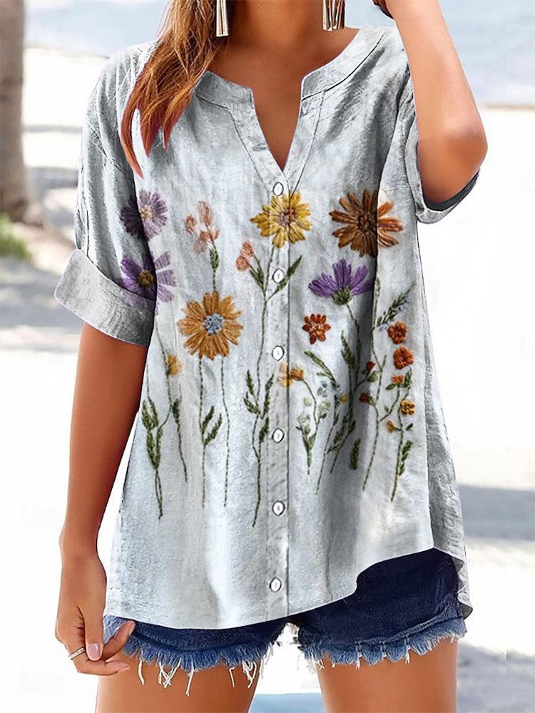 Women's Bohemian Floral Art Print Casual Cotton And Linen Shirt