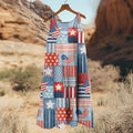 Vintage Independence Day Patch Floral Art Linen Casual Tank Dress artswardrobe