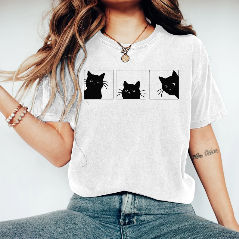 Comstylish Women's Abstract Creative Cute Black Cat Art Print T-shirt