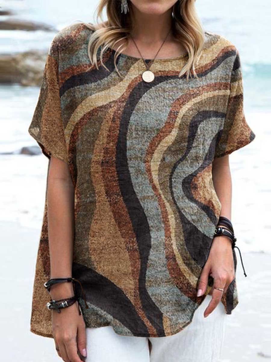 Women's Elegant Retro Floral Pattern Round Neck Cotton and Linen Top