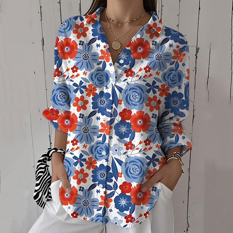 Comstylish Women's Vintage Casual Independence Day Patriotic Floral Print Shirt