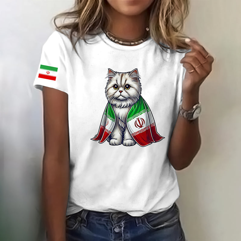 Women's Proud Persian Cat Wrapped In Iranian Flag Short Sleeve T-shirt