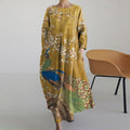 Comstylish Japanese Vintage Floral Peacock Art Long Sleeve Midi Dress