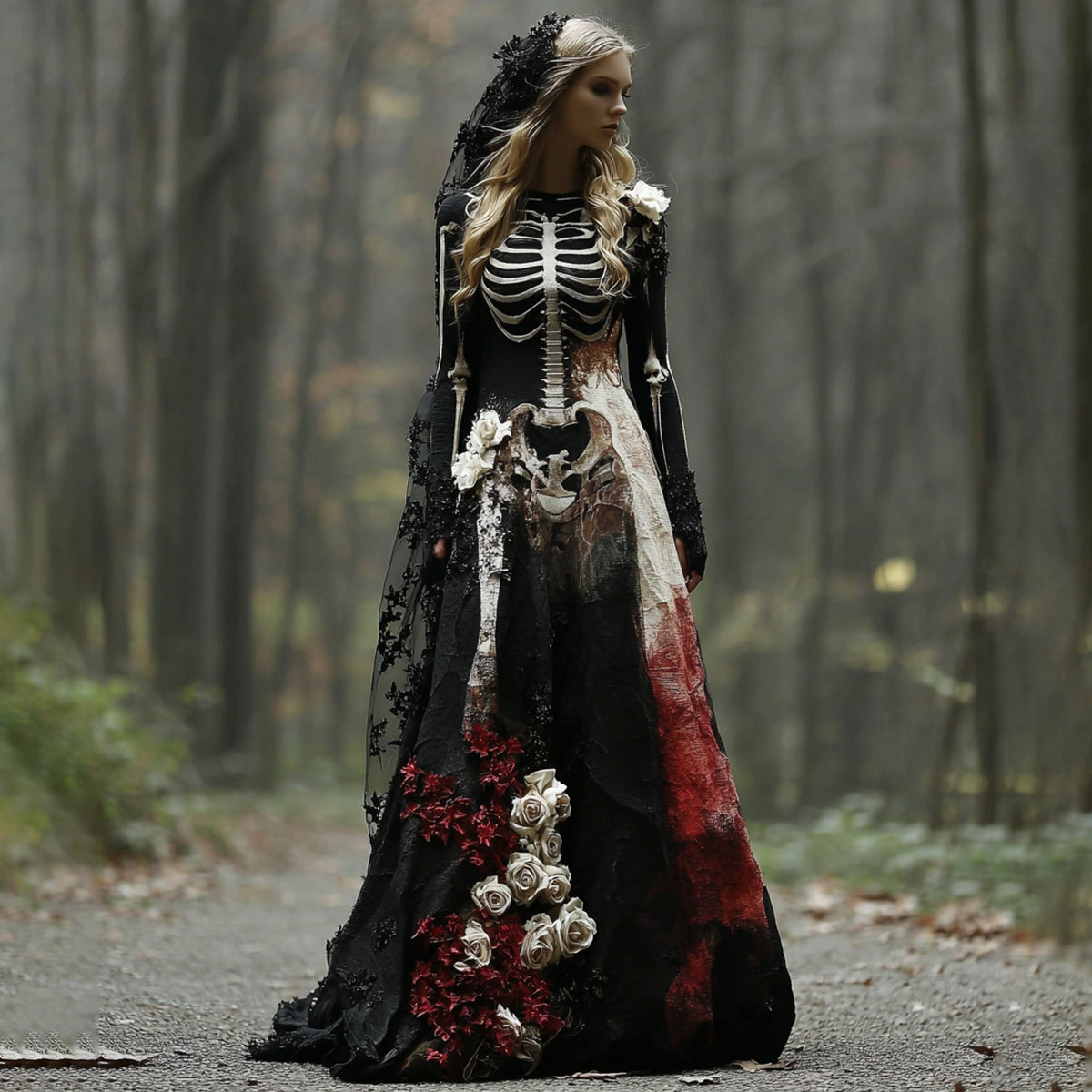 Comstylish Halloween Skeleton Bones With Rose Art Linen Maxi Dress