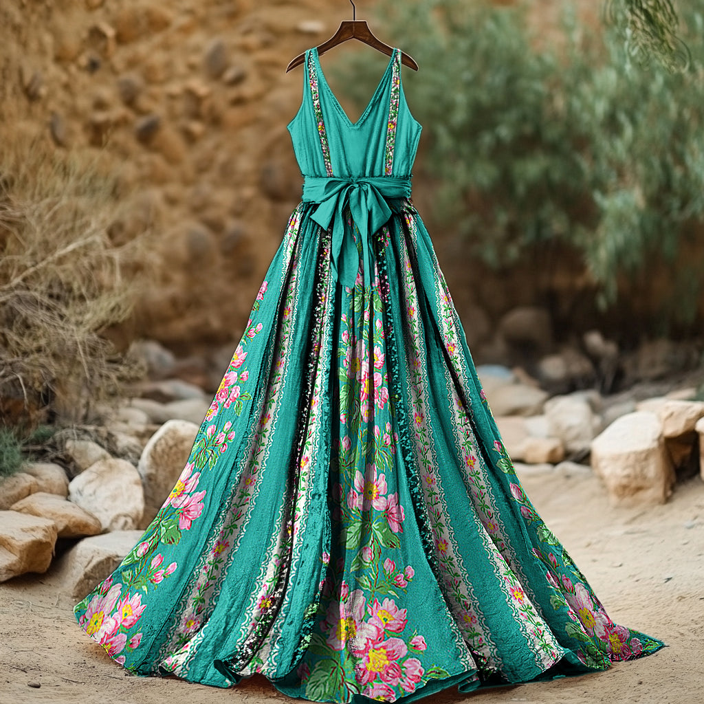 Women's Vintage Floral Art Print Sleeveless Cotton And Linen Dress artswardrobe