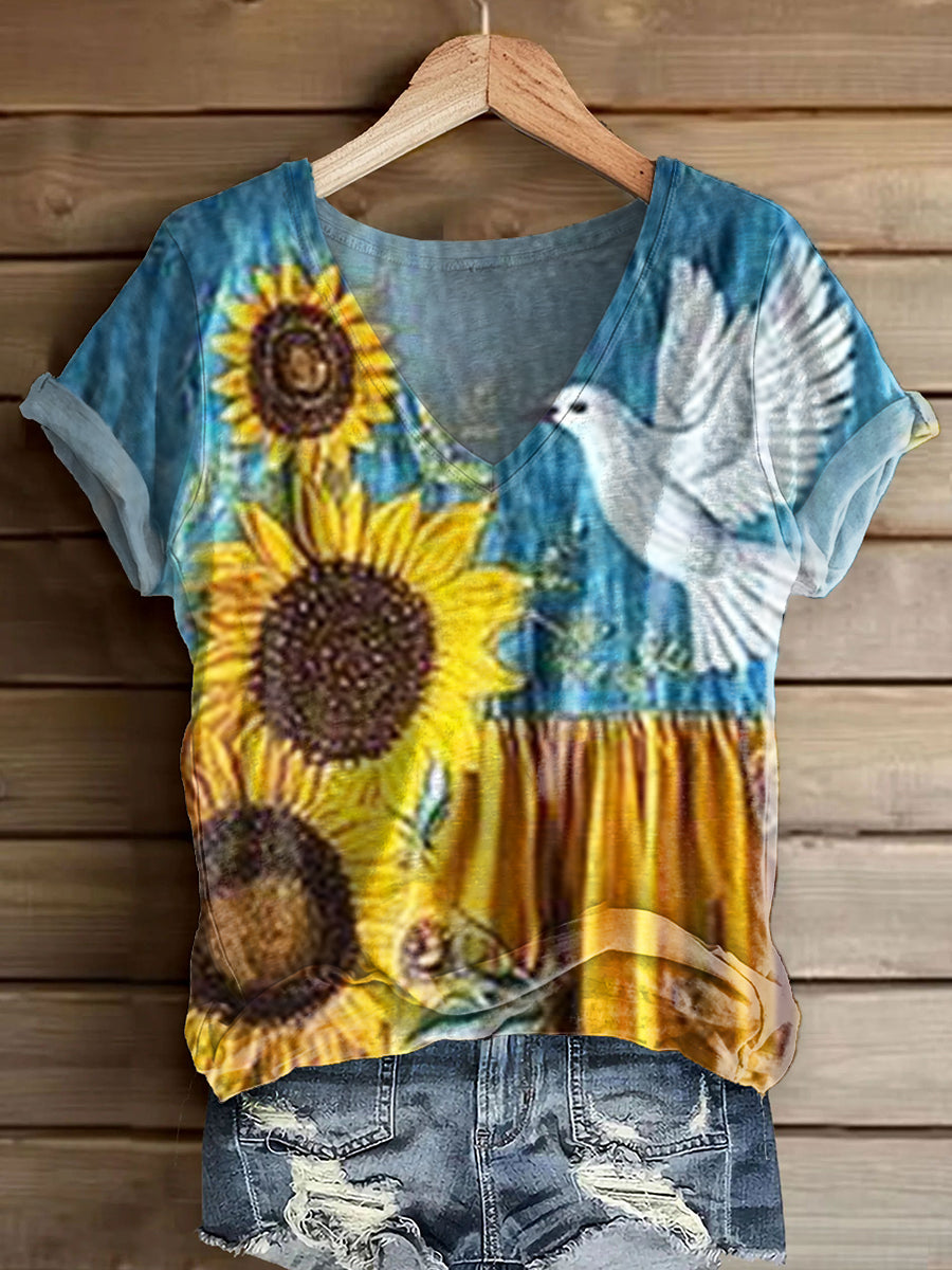 Women's Vintage Sunfloral Pigeon Art Print V-neck Casual T-Shirt