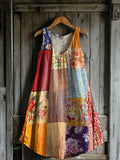 Women's Vintage Floral Collage Art Print V-neck Pocket Cotton Dress