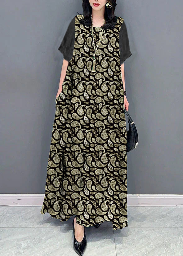 Black Cashew Nuts O Neck Pockets Print Patchwork Silk Long Dresses Summer