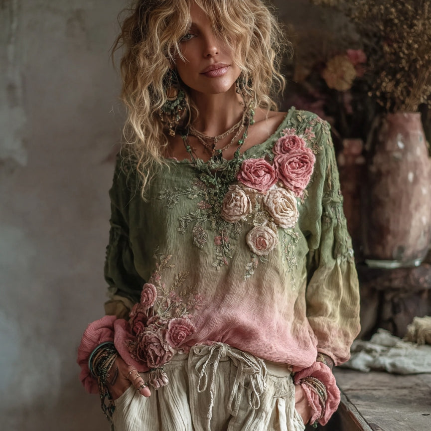 Women's Rose Embroidery Art Long Sleeve Loose T-shirt artswardrobe