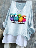 Comstylish Colorful Watercolor Sheep Print Linen Blend Casual Shirt