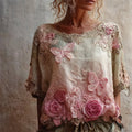 Pink Butterflies & Roses Embroidered Gradient Flowy Linen Shirt artswardrobe
