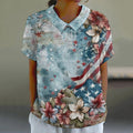 Comstylish Vintage Independence Day Flag Flower Print Lapel Short Sleeve Blouses