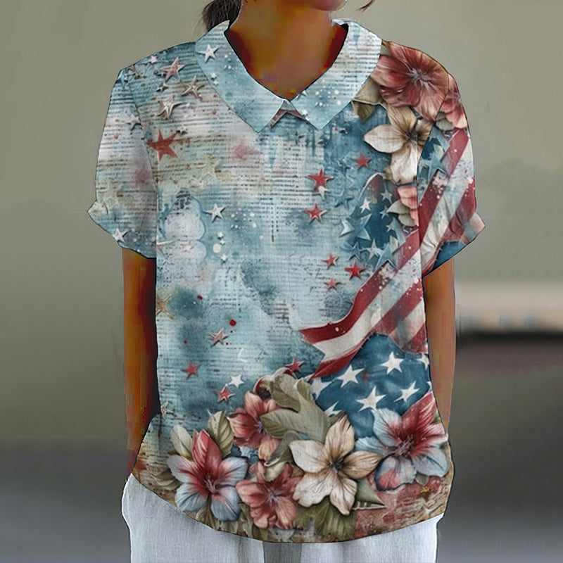 Comstylish Vintage Independence Day Flag Flower Print Lapel Short Sleeve Blouses