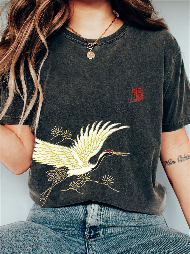 Comstylish Flying Crane & Pine Trees Japanese Art Vintage T Shirt