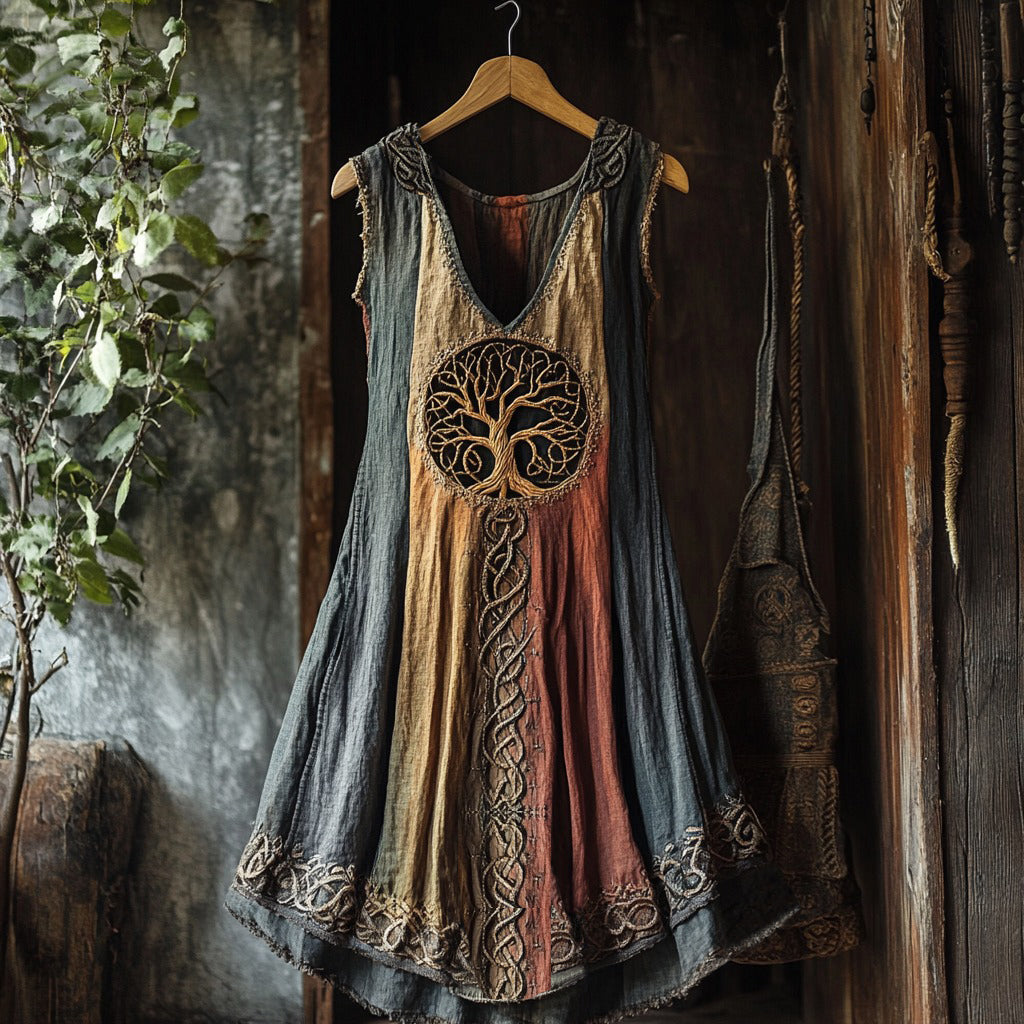 Tribal Viking Colorful Gradient Tree Of Life Lace Art Linen Tank Dress artswardrobe