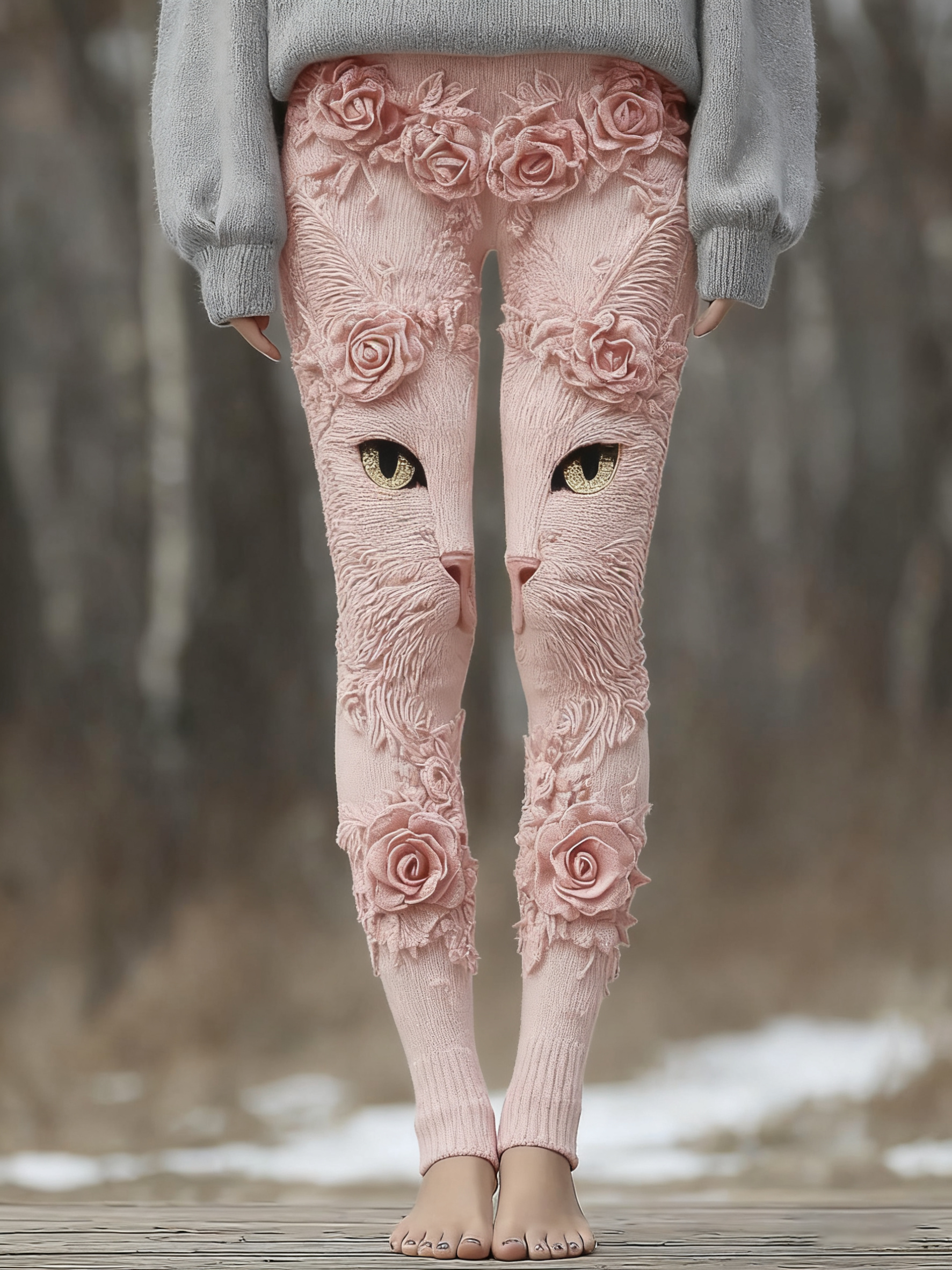 Comstylish Vintage Cute Cat Face With Roses Art Embroidered Cozy Knit Leggings