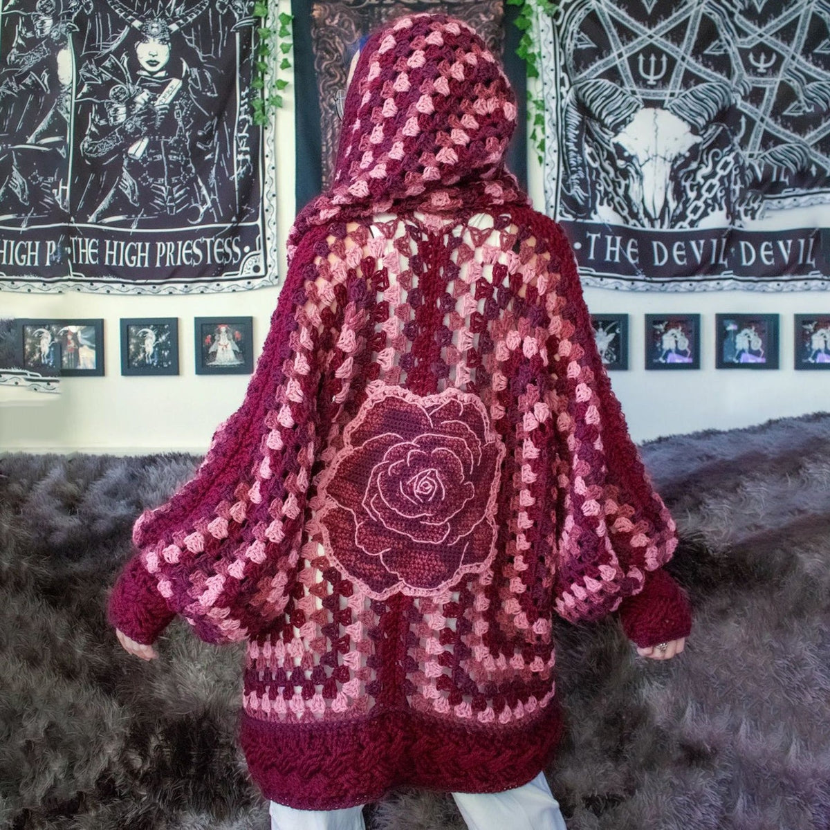 Comstylish Women's Floral Patchwork Art Cozy Knit Sweater Hooded Cardigan