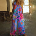 Women's Vintage Flower Art Print Casual Wide Leg Jumpsuit artswardrobe