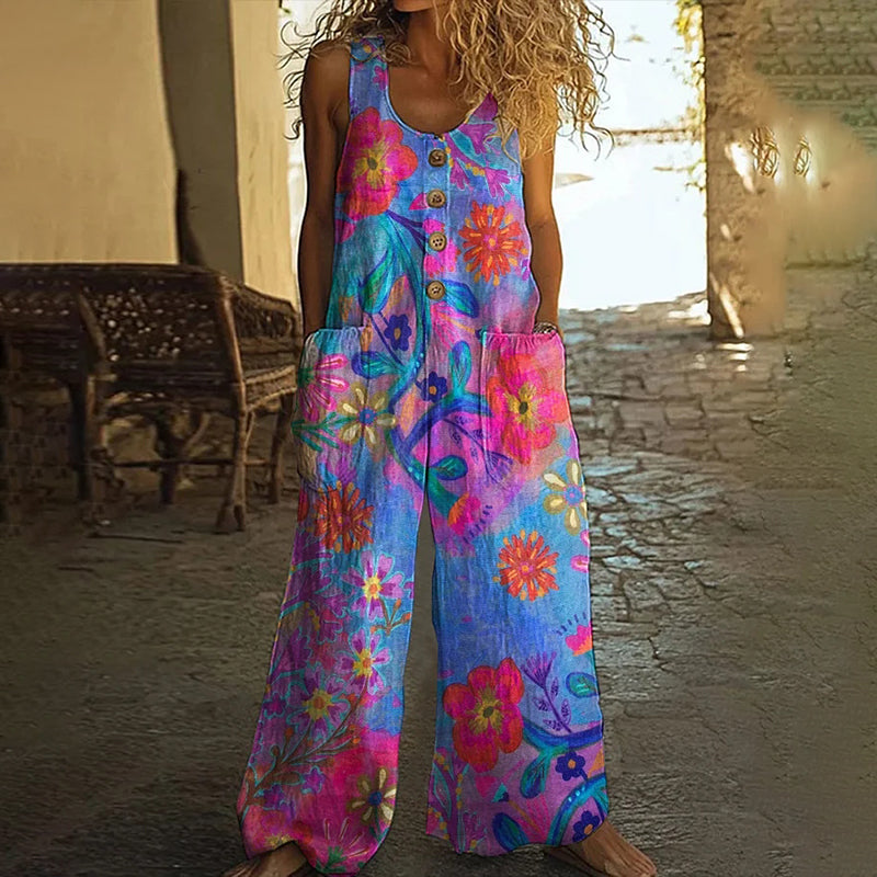 Women's Vintage Flower Art Print Casual Wide Leg Jumpsuit artswardrobe