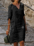 Comstylish Japanese Traditional Sashiko Art Notch Neck Midi Dress