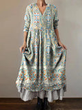 Women's Vintage Ethnic Floral Art Print V-Neck Button Pocket Cotton Dr
