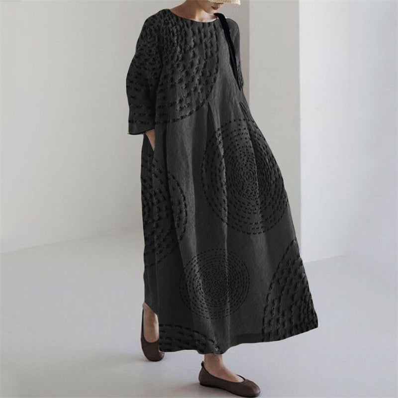 Comstylish Ripples Japanese Sashiko Art Linen Maxi Dress