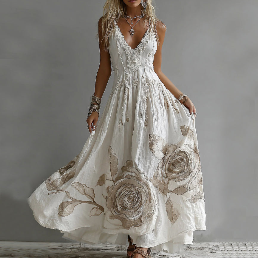 Comstylish Women's Rose Embroidery Art V-neck Suspender Maxi Dress