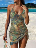 Vintage Floral Print Pleated Drawstring V-neck Tankini Pantskirt Set Swimsuit
