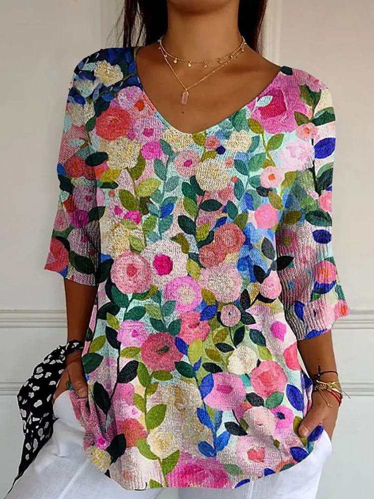 Women's Colorful Spring Floral Garden Printed Casual Cotton And Linen Shirt artswardrobe