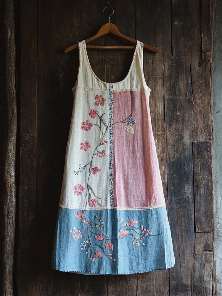 Japanese Cherry Blossom Transgender Colorblock Linen Dress artswardrobe