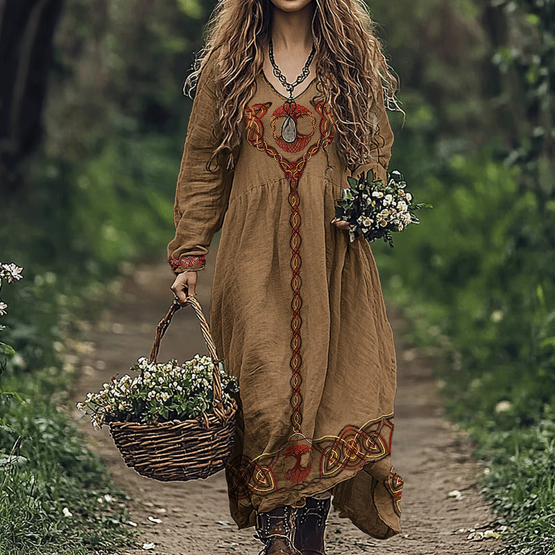 Vintage Celtic Viking Tree Of Life Linen Dress artswardrobe