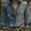 Men's Vintage Bohemian Floral Embroidered Linen Shirt artswardrobe