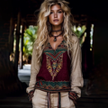 Tribal Ethnic Embroidered Linen V-neck Shirt artswardrobe