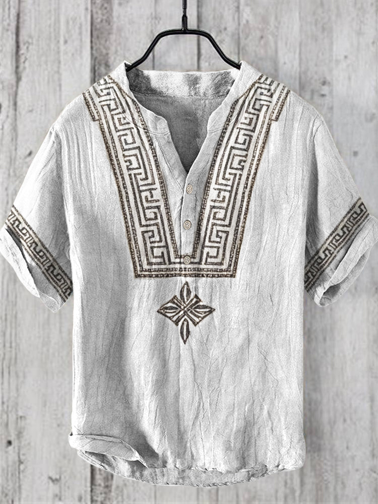 Vintage Greek Pattern Men's V-neck Linen Shirt artswardrobe