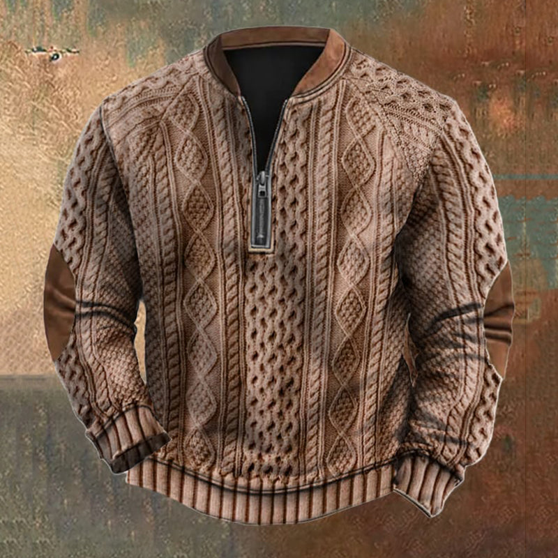 Men's Vintage Knit Print Zip-Up Sweatshirt elevenforest