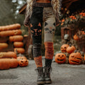 Vintage Patchwork Halloween Pumpkin Face Art Stitched Cozy Knit Leggings elevenforest
