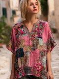 Bohemian Breast Cancer Awareness Pink Flower Patchwork V-neck Short-sleeve Top artswardrobe