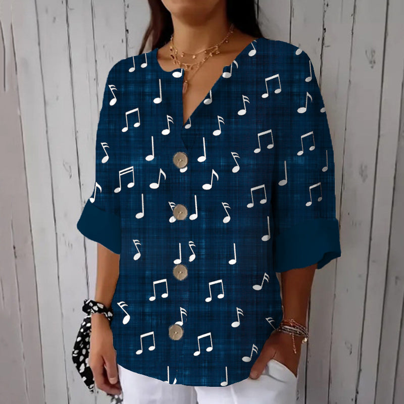 Comstylish Musical Notes Pattern Print Linen Casual Shirt