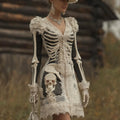 Comstylish Women Halloween Skeleton Skeleton And Flower V-neck Vintage Dress