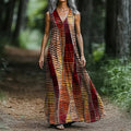 Women's Retro Geometric Art Print V-neck Loose Midi Dress artswardrobe