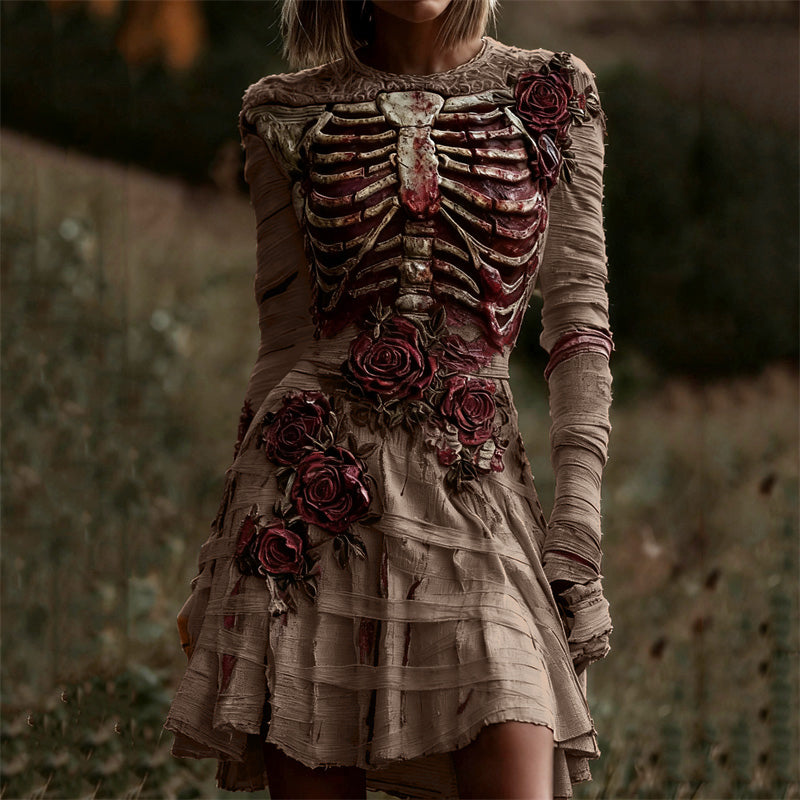 Comstylish Halloween Bloody Rib Cage Red Roses Bandages Comfy Mini Dress