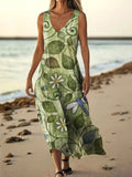 Women's Bohemian Floral Dragonfly Art Print Pocket Cotton Dress