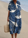 Women's Vintage Fish Art Print V-Neck Midi Dress