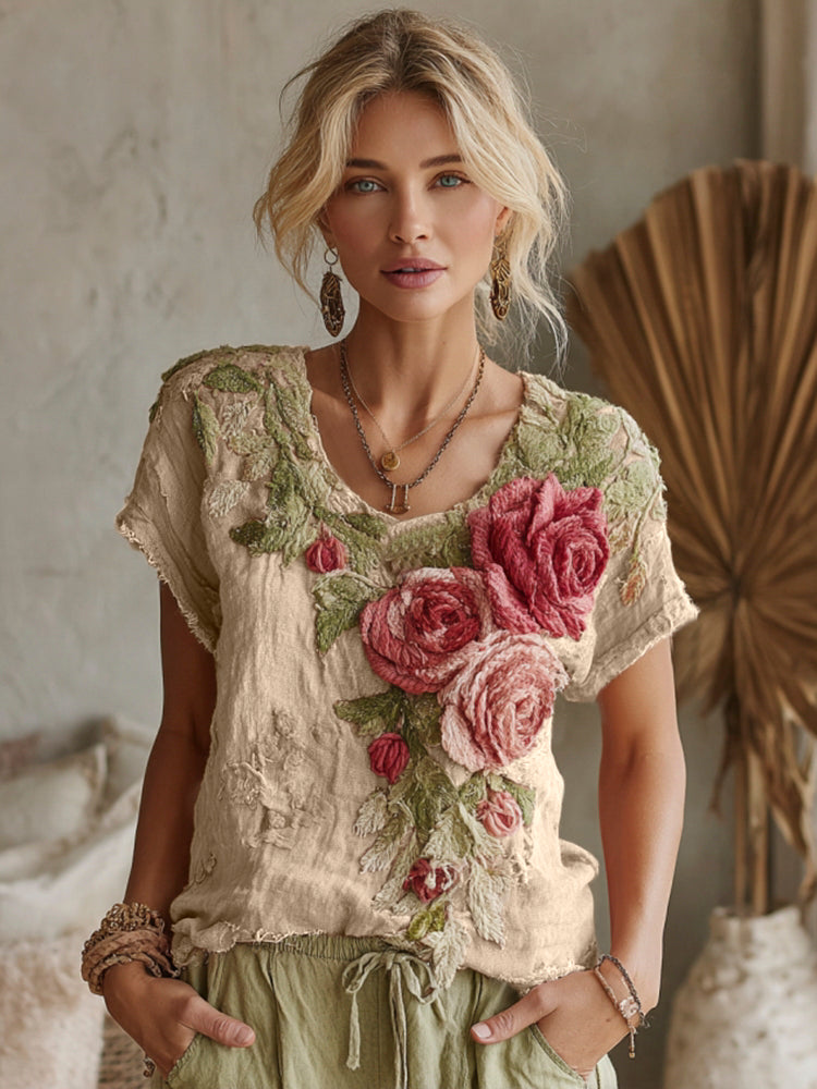 Women's Vintage Floral Art Linen Crew Neck Short Sleeve T-shirt artswardrobe