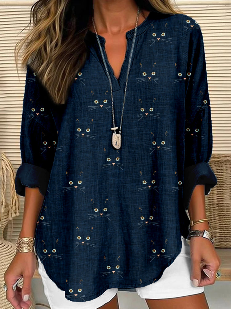 Comstylish Cute Cat Face Pattern Linen Blend Cozy Shirt
