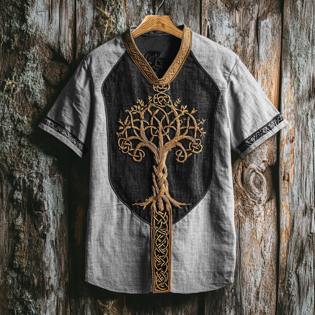 Men's Viking Life Of Tree Celtic Knot Art Linen V-neck T Shirt artswardrobe