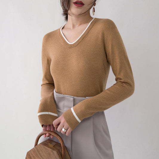 Chunky Brown Knit Tops Fall V Neck Knitted Blouses Fine Side Open Sweaters