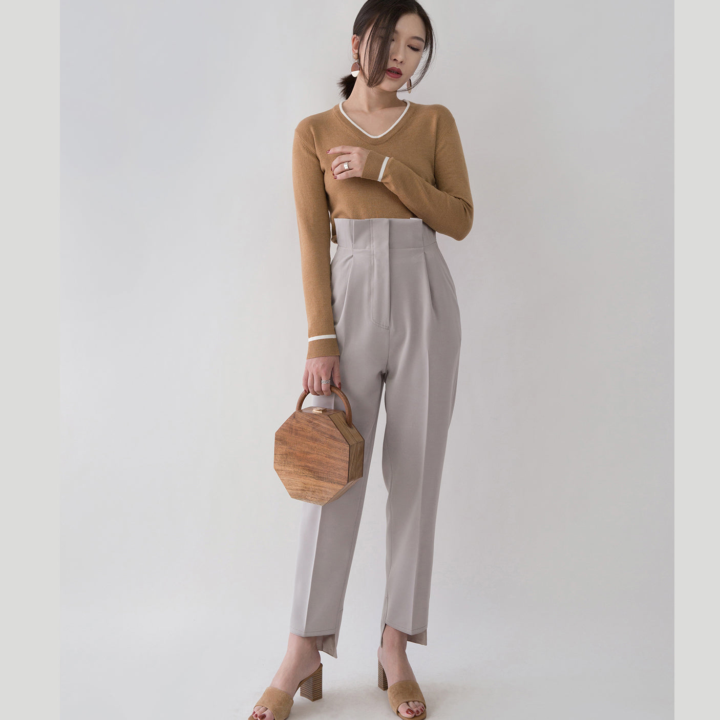 Chunky Brown Knit Tops Fall V Neck Knitted Blouses Fine Side Open Sweaters